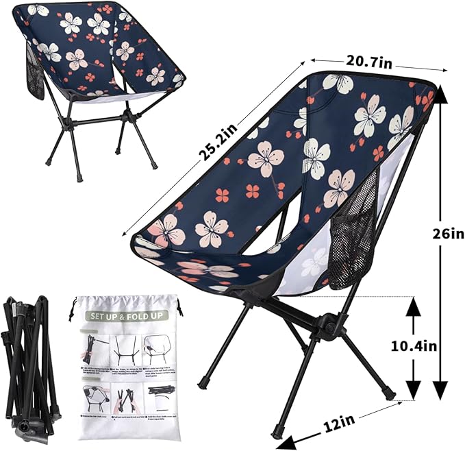 Honeybaby Folding Camping Chair Flowers Printed Camping Chairs Lightweight Portable Chair Outdoor Foldable Chairs for Camping Travel Picnic Beach Hiking