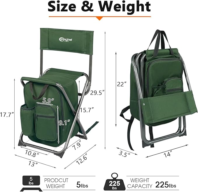 Portal Backpack Cooler Chair Fishing Chairs with Backrest Folding Camping Stool Compact for Outdoors Hiking Hunting Travel Supports 225 lbs Capacity