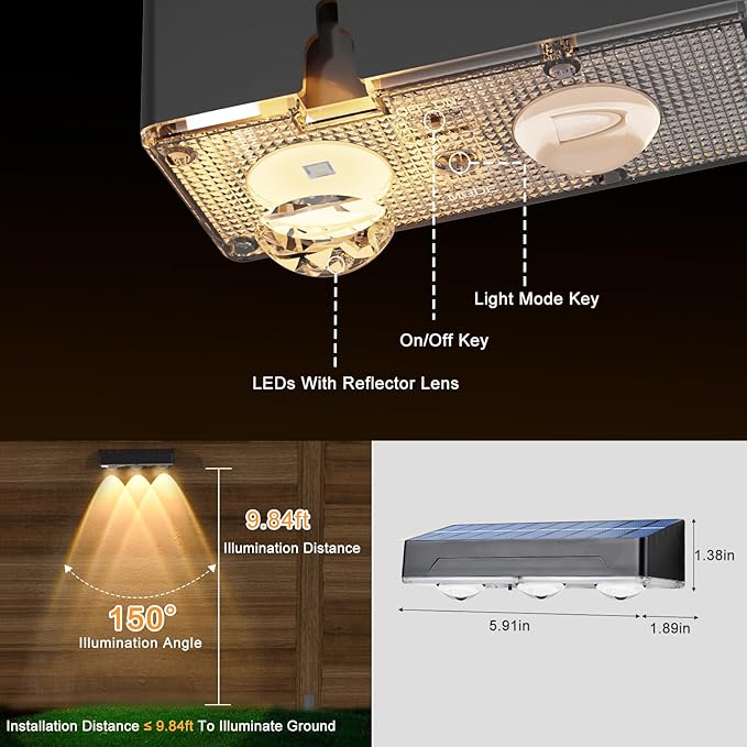 RGB Solar Fence Light 10 Colors Outdoor Lighting Set 2 Modes Solar Powered LED Lights IP65 Waterproof Solar Wall Lights Screw Wall Mount Step Light Auto On Off Dusk to Dawn Deck Light