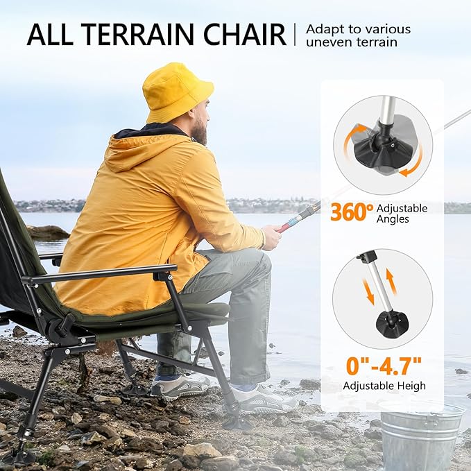 VINGLI Oversized Fishing Chair Heavy Duty Support 440 LBS 160° Freely Adjustable Reclining Folding Chairs Lounge Travel Outdoor Seat with High Back for Fishing Camping or Leisure