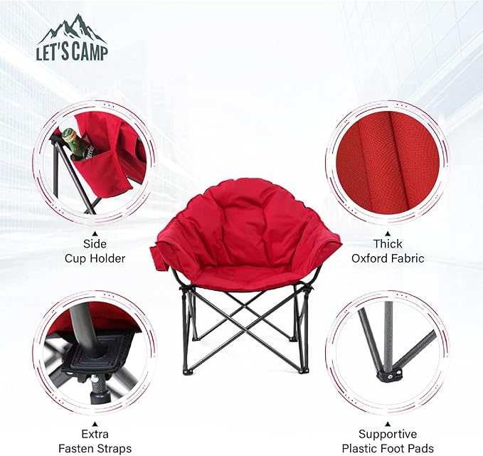 LET'S CAMP Heavy-Duty Oversize Camping Chair Round Moon Saucer Chair Padded with Cup Holder and Carry Bag Folding Chair2 PackRed