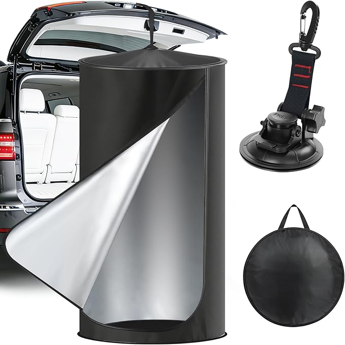 Pop Up Privacy Tent for Car 69in Portable Camping Shower Tent with Liftgate Suction Pod and Hanging Straps 210D Silver Coating Outdoor Instant Bathroom Toilet Tents with Carry Bag