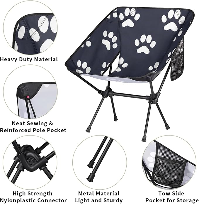 Honeybaby Folding Camping Chair Dog Paws Print Camping Chairs Lightweight Portable Chair Outdoor Foldable Chairs for Camping Travel Picnic Beach Hiking