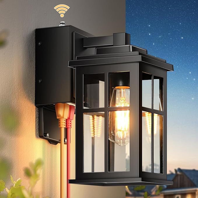 Porch Light with GFCI Outlet Black Dusk to Dawn Outdoor Lighting Waterproof Exterior Lighting Fixtures Outdoor Light with Outlet for House Garage Backyard Easy Installation Waterproof