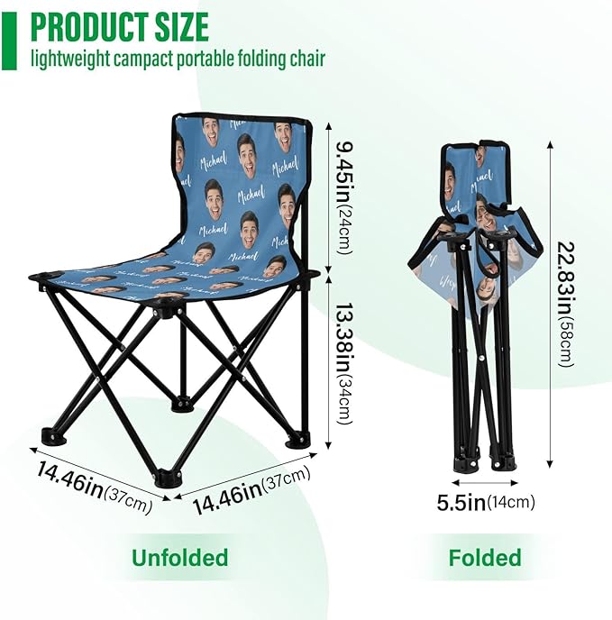 Steel Blue Custom Photo Folding Camping Chair for Teen Child Personalized Name 14.6×14.6in Portable Outdoor Chair with Carry Bag for Travel Barbeques Picnic