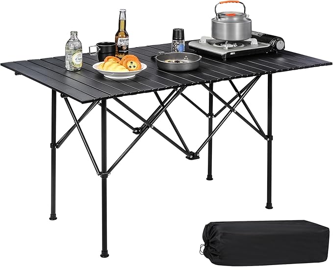 REDCAMP Roll Up Camping Tables That Fold Up Lightweight Portable Compact Metal Camp Table for Grill Outdoor Picnic Black Long 47x28