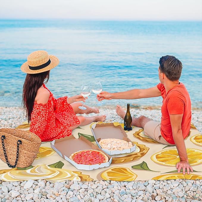 Waterproof Sandproof Beach Blanket 59''×68'' Lemon Cake Polyester Outdoor Picnic Blanket with 4 Stakes &amp Storage Bag for BeachCampingVacation Food