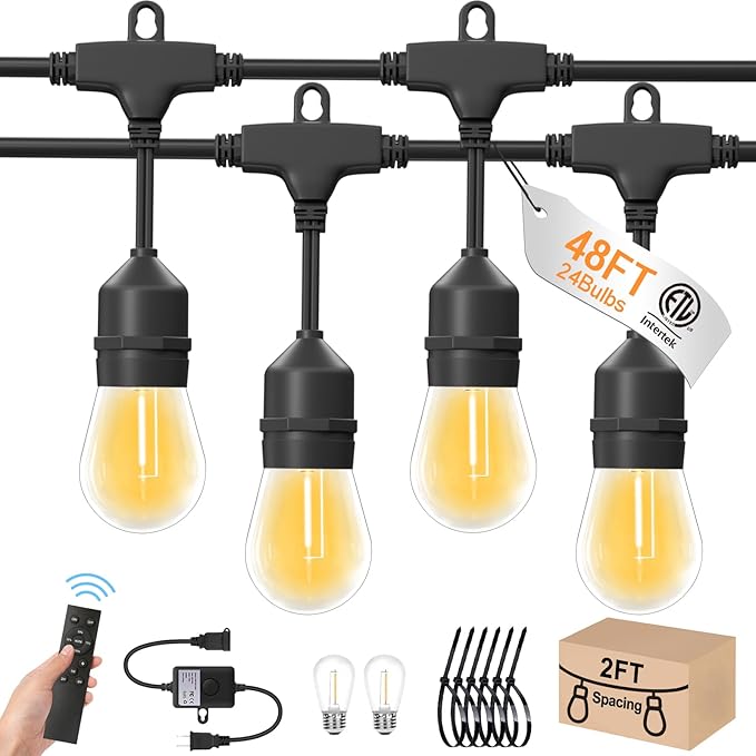 48ft Outdoor String Lights with Remote &amp Dimmer24+2 Commercial Grade IP65 Waterproof Bulbs 2700K Warm White3 Lighting Modes &amp TimerIncludes 30 Cable Ties for PatioGarden Party
