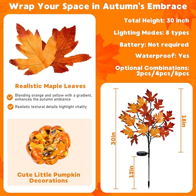 Fall Solar Pathway Lights 4PCS Autumn Outdoor Harvest Decorations Waterproof Maple Leaves Lights for Lawn Yard Garden Patio Walkway Driveway Landscape Lighting Auto On/Off