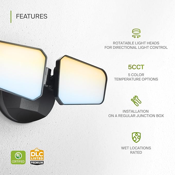ASD LED Security Flood Lights Outdoor 20W 5CCT 2700K-5000K Rotatable Heads Wired Flood Light 150° Side-to-Side 180° Up and Down IP65 for Wet Locations UL DLC Premium 145000 hr Lifespan Black