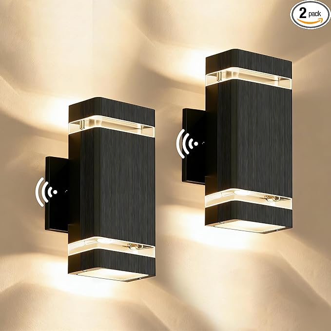 Square Dusk to Dawn Outdoor Lighting 2 Pack Up and Down LED Porch Lights Aluminum Outdoor Wall Lights with 2 * 7W Bulbs 3000K Waterproof Exterior Lighting Fixtures for House Porch Garage Black