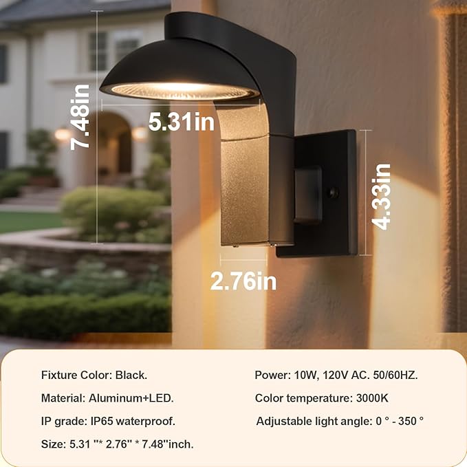 Outdoor Wall Lights 2 Packs 350-degree rotating lamp head Sconces Lights IP65 Waterproof Porch Sconces 10%-100% Dimmable 3000k 120-277V for garages balconies courtyards and entryways