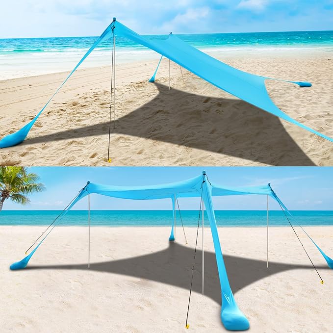 COMMOUDS Beach Tent Sun Shelter - UPF50+ Pop Up Beach Canopy with Sandbags &amp Sand Shovel &amp Windproof Poles Portable Sun Shade for Beach Camping Picnics Backyard