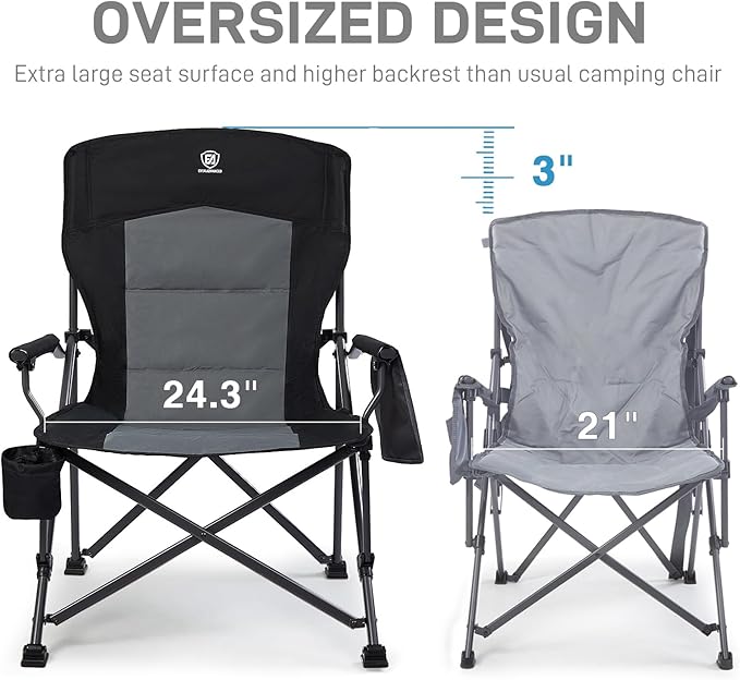 EVER ADVANCED Oversized Folding Camping Chair for Adults Heavy Duty Lawn Chair with Side Pockets Portable Collapsible Quad Chair for Outside Support Up to 500lbs Black 2PACK