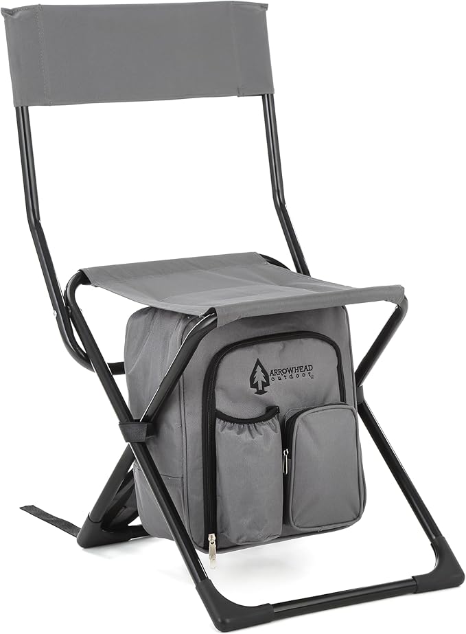 ARROWHEAD OUTDOOR Multi-Function 3-in-1 Compact Fishing Chair: Backpack Stool &amp Insulated Cooler w/Bottle Holder &amp Storage Bag External Pockets Backrest Camp Hiking Heavy-Duty USA-Base
