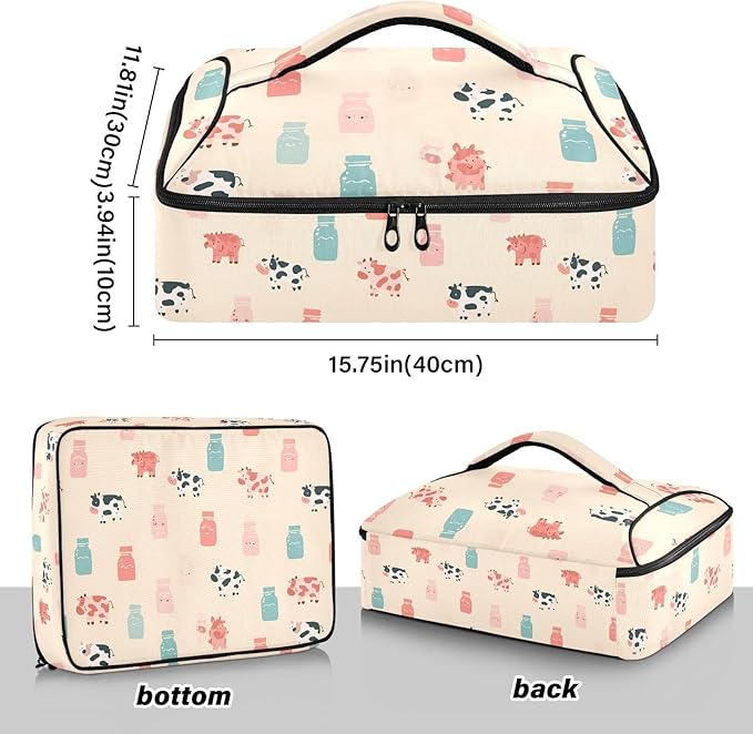 Casserole Carrier Cute Cow and Milk BottleInsulated Casserole Carrier for Hot or Cold Food Thermal Lunch Tote for Potluck Parties Picnic Beach Fits 9 x 13 Inches Baking Dish