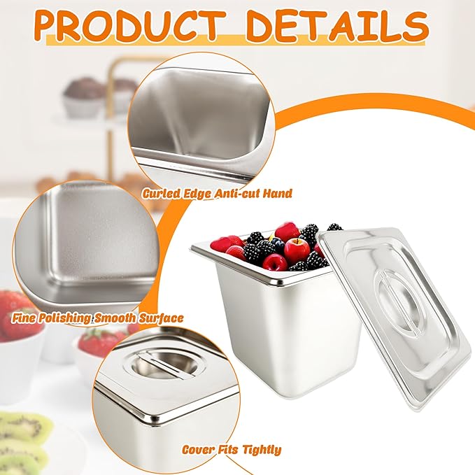 9 Pcs 1/6 Size 6 Inch Deep Restaurant Hotel Pan with Lids Stainless Steel Steam Table Pan Commercial Catering Metal Food Trays Warming Pans for Food Hotel Buffet