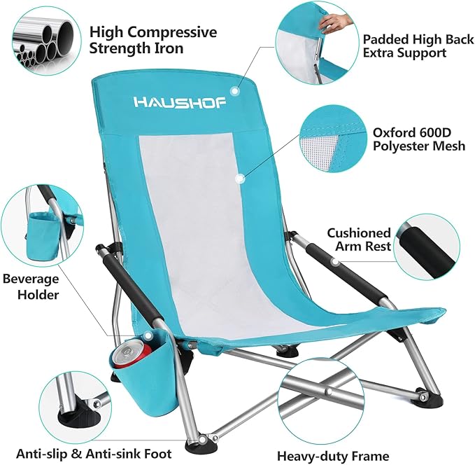 HAUSHOF High Back Beach Chair Mesh Back Folding Chair Lightweight Low Seat Camping Chairs with Cup Holder Carry Bag Padded Armrest for Outdoor Beach Lawn Camping Picnic Festival