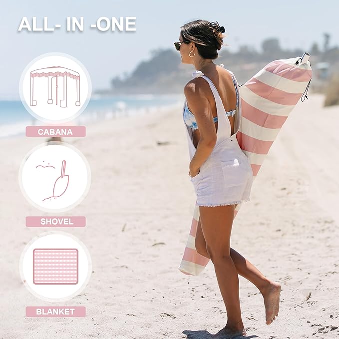 AMMSUN Beach Cabana with Beach Blanket 6.5' x 6.5' Boho Canopy with Tassels Premium Wood Pole Fringe Cabana Tent with Sand Pockets Instant Sun Shade for Sand Garden Outdoor Rose Pink Stripes