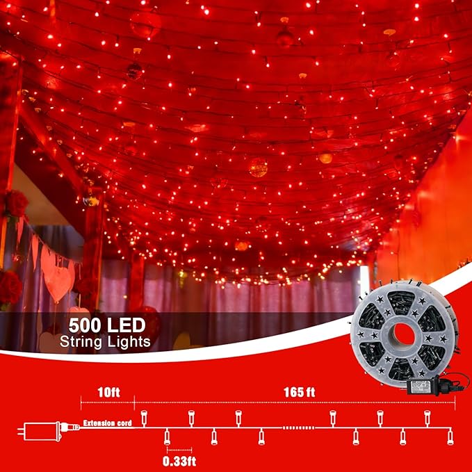 QITONG 500LED Red String Lights 165ft Christmas Lights Outdoor Waterproof with Plug in Green Wire Twinkle Fairy Lights Indoor with 8 Modes