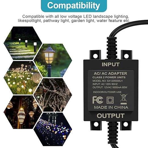 Low-Voltage Landscape Transformer 60W 5A converts 110V-120V AC to 12V AC. Landscape Lighting Transformer for Outdoor Lighting Landscape Lighting Swimming Pool Lights LED Lights Water Pumps etc