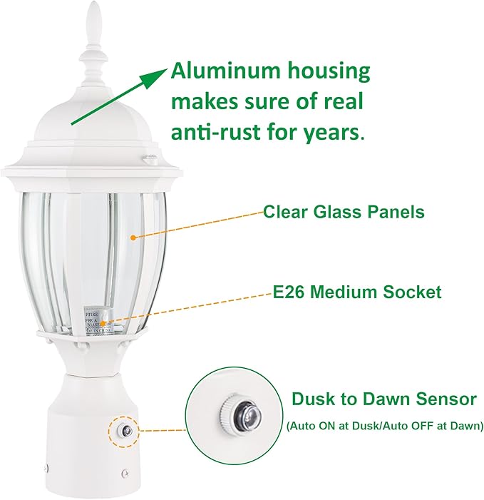 LIT-PaTH Dusk to Dawn Outdoor Post Lighting Fixture Pole Lantern E26 Medium Base Max 60W Aluminum Housing Plus Glass Bulb Not Included (White 1-Pack)