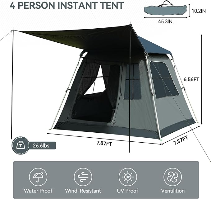 Instant Pop-Up Camping Tent with Removable Sunshade - 3-4 Person Dome Tent with UV Protection &amp Ventilation Waterproof Windproof for Beach Hiking Outdoor.