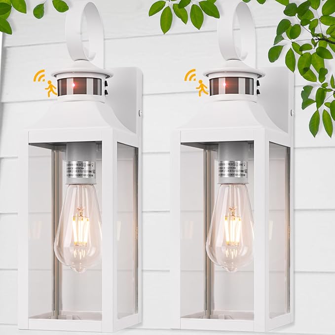 16 Motion Sensor Outdoor Wall Lights 2 Pack - White Dusk to Dawn Outdoor Lighting Wall Mount Modern Exterior Light Fixtures Waterproof Outside Lamps for House Garage