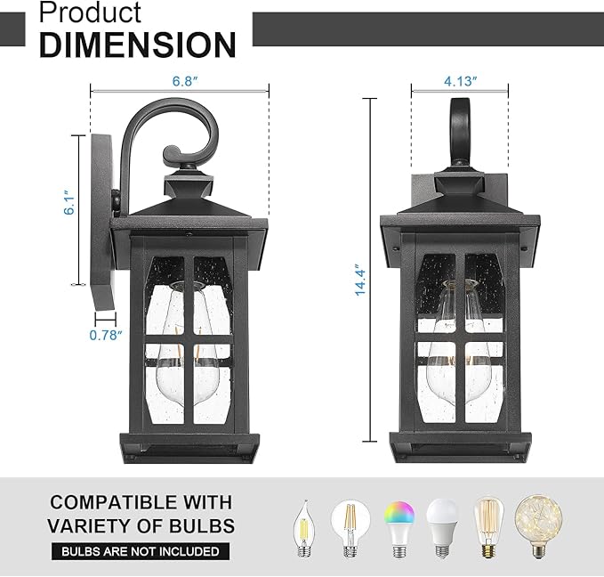 Darkaway Outdoor Light Fixtures Wall Mount Outdoor Wall Lights Exterior Lighting Fixtures Waterproof Black Outside Wall Sconce with Seeded Glass for House Porch Hallway Garage Front Door