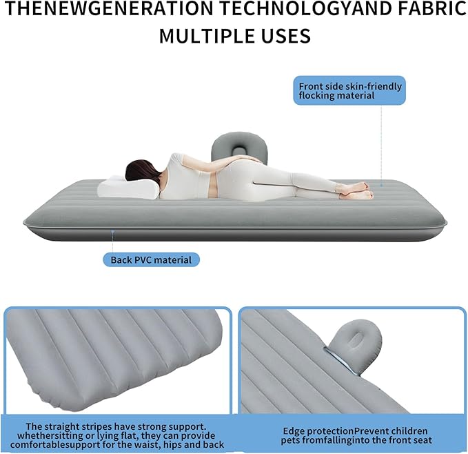 Car Air Mattress Inflatable SUV Truck Camping Mattress for Back Seat Thickened Travel Car Bed Sleeping Pad with Inflatable Pier Air Pump 2 Pillows (Grey)