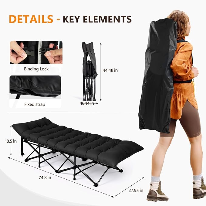 VINGLI Folding Camping Cot BedCamping Cots for Adults with Mattress Cots for Sleeping with Pillow 1200D Layer Oxford for for Guest-Black 1P