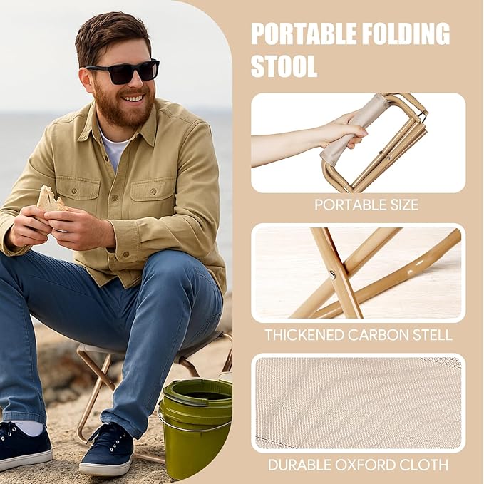 Camping Stool2-Pack Portable Folding Stool with Carry Bag 12in Portable Folding Chair Collapsible Camp Stool Outdoor Footstool for Travel Walking Hiking Fishing Picnic (Khaki(2-Pack))