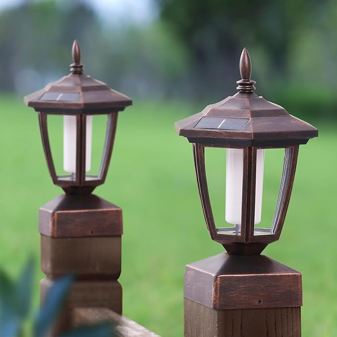 Dynaming 4 Pack Solar Flame Post Lights Outdoor Solar Powered Lamps Fence Post Cap Lights Flickering Flame LED Lantern Waterproof for Garden Deck Patio Fit 4x4 5x5 or 6x6 Wooden Posts Bronze