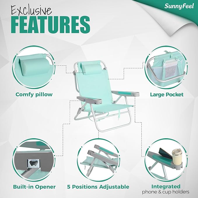 SUNNYFEEL Extra Wide Low Beach Chair 2 Pack 5 Position Lay XL Oversized Portable Folding Camping Chairs with Cup Holder for Outdoor/Sand Foldable Backpack Beach Chair for Adults Heavy Duty 500 LBS