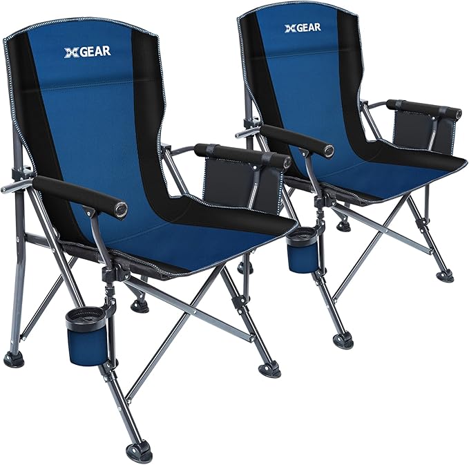 XGEAR Camping Chair with Padded Hard Armrest Sturdy Folding Camp Chair with Cup Holder Storage Pockets Carry Bag Included Support to 400 lbs