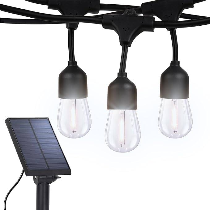 Brightech Ambience Pro 27 Ft Solar Powered String Lights - Commercial Grade Waterproof Patio Lights with Edison Bulbs - Shatterproof LED Solar Outdoor String Lights - 1W LED Soft White 12 Bulbs