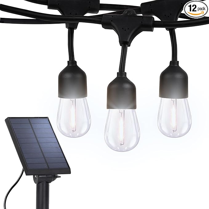 Brightech Ambience Pro Solar Powered Outdoor Patio String Lights - Commercial Grade 27 Ft Waterproof with 12 Edison Bulbs  Shatterproof LED - 2W  Soft White