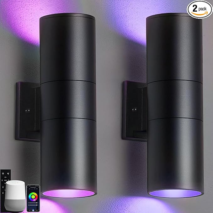 wowlite RGB Up Down Outdoor Wall Lights 2 Pack 1200LM Smart Cylinder Outdoor Lights for House Color Changing Exterior Lighting Fixtures APP Control Works with Alexa IP65 Waterproof Porch Light