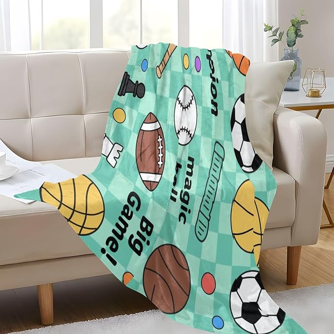Large Cozy Blanket Balls Goal Green Blue Checkered Pattern Sofa Throws 50x70 Inches