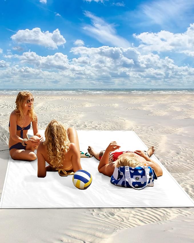 Beach Blanket Waterproof Sandproof 84”x80” Solid White Oversized Beach Mat with 4 Corner Sand Pocket &amp 4 Stakes Outdoor Picnic Mat for Camping Travel