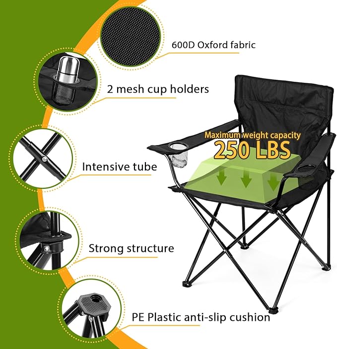 HaSteeL Folding Camping Chair Set of 3 Foldable Black Camp Chairs &amp Grey Table Large Lawn Chair Portable for Adults Hiking Fishing Picnic Outdoor BBQ Travel Sports Cup Holders &amp Storag