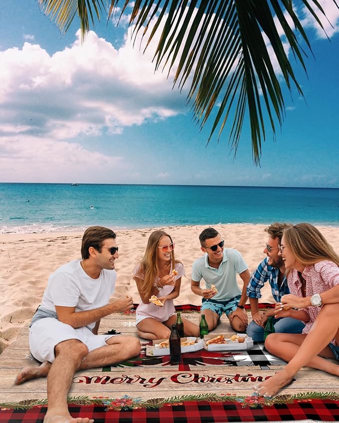Beach Blanket Waterproof Sandproof OversizedWinter Christmas Buffalo Lattice Tree Beach Mat with Corner Stakes Sand PocketsWooden Grain Outdoor Picnic Mat for Travel Camping Hiking 95x80In