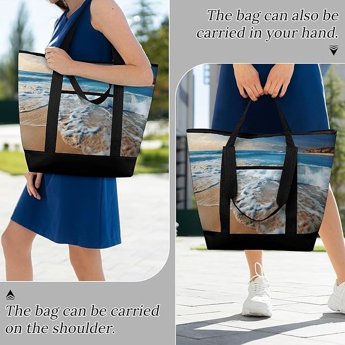 Insulated Shopping BagLarge Reusable Cooler Bags Blue Sea Sandy Beach Printed Foldable Shopping BagTravel Waterproof Shoulder Bag