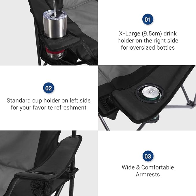 AsterOutdoor Camping Folding Chair Padded Quad Arm Chair with Large Cup Holders Side Organizer &amp Back Pocket for Outdoor Camp Indoor Patio Fishing Supports 350lbs