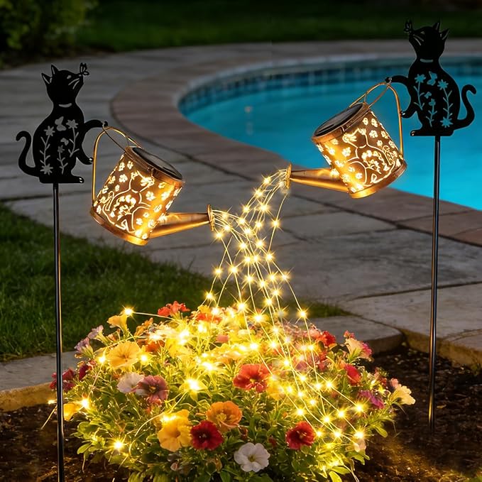 Garden Lanterns Solar Watering CanGarden Decor for OutsideCat Featuring a Metal Cat Silhouette Stake Ideal for Outdoor Landscaping Lawns and Pathways a Perfect Garden Gift for Women