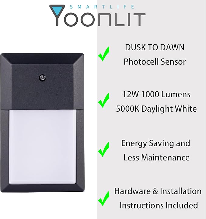 YoonLIT LED Outdoor Wall Pack Light Dusk to Dawn Photocell Waterproof for Porch Garage Stairway Hallway 12W Built in LED 1000 LM 5000K Aluminum Housing Plus PC Cover Black 1-Pack