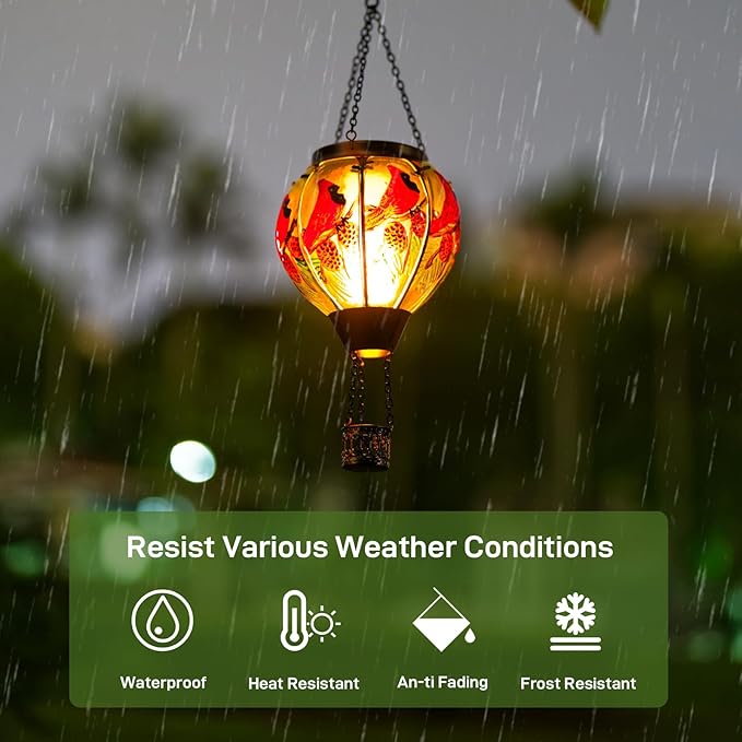 Cardinal Solar Hot Air Balloon Lantern with Flame Glass Balloon Solar Lantern Outdoor Waterproof Hanging Hot Air Balloon Solar Light Cardinal Gifts for Mom Woman Christmas