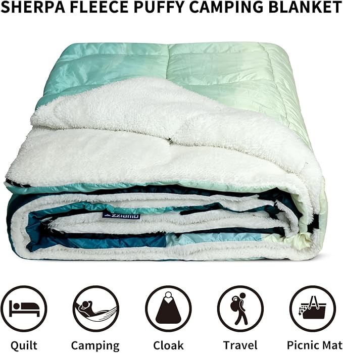 zzlamb Outdoor Camping Blanket with Sherpa LiningPuffy Thick Camp Quilt for SleepingPackable Warm Wearable Fleece Blankets for Cold WeatherTravelingBackpackingPicnicsBeachStadium 52x75in
