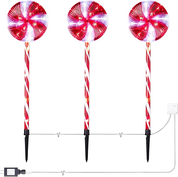 Alpine Corporation 28 Tall Outdoor Christmas Candy Cane Pathway Stake Lights with Multi-FunctionLED Set of 3 Festive Lawn and Garden Holiday Decor Red and White