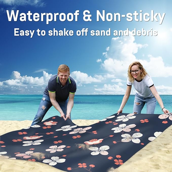 Waterproof Sandproof Beach Blanket 59''×68'' Flower Polyester Outdoor Picnic Blanket with 4 Stakes &amp Storage Bag for BeachCampingVacation Blue Background